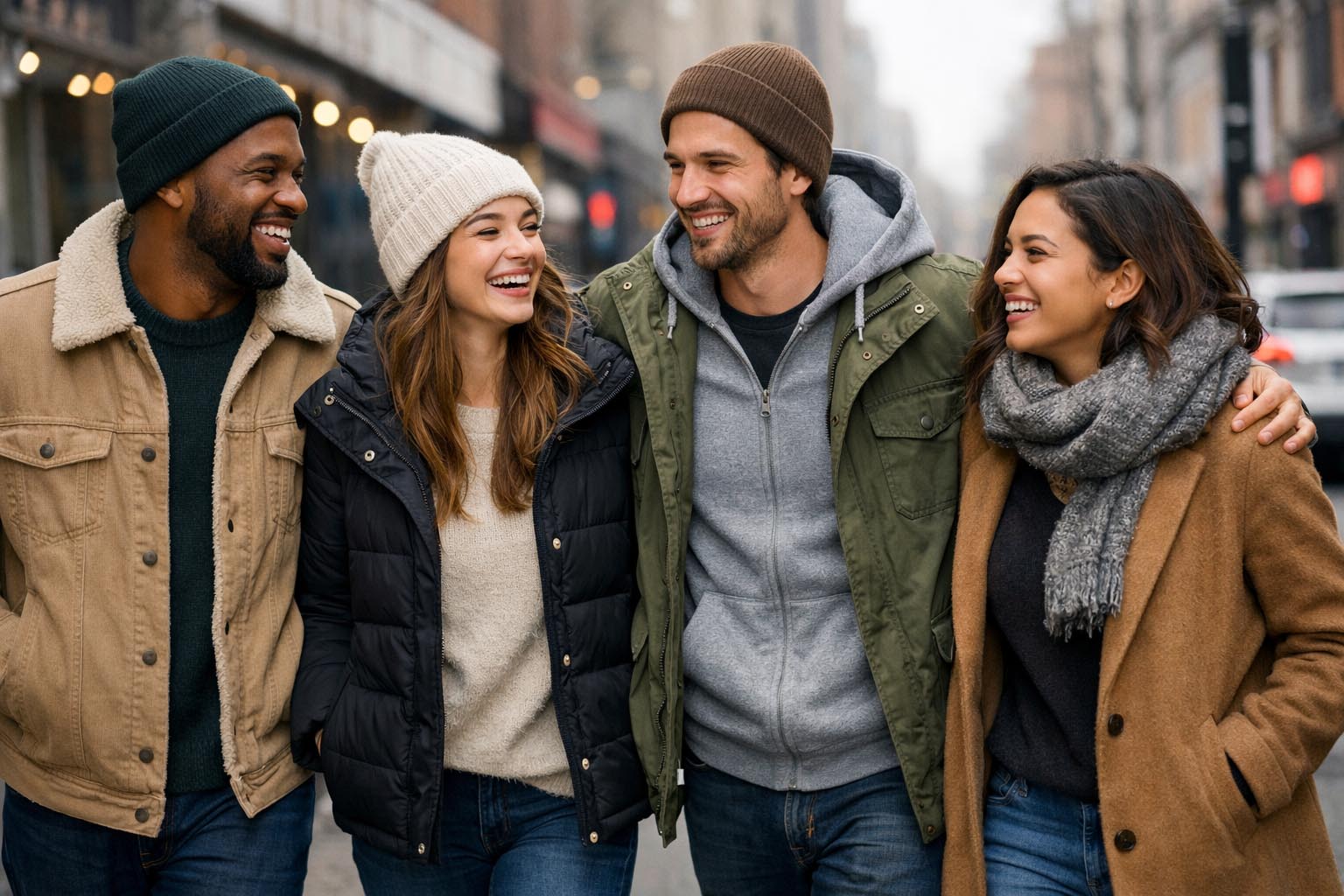 Group of friends walking together and smiling