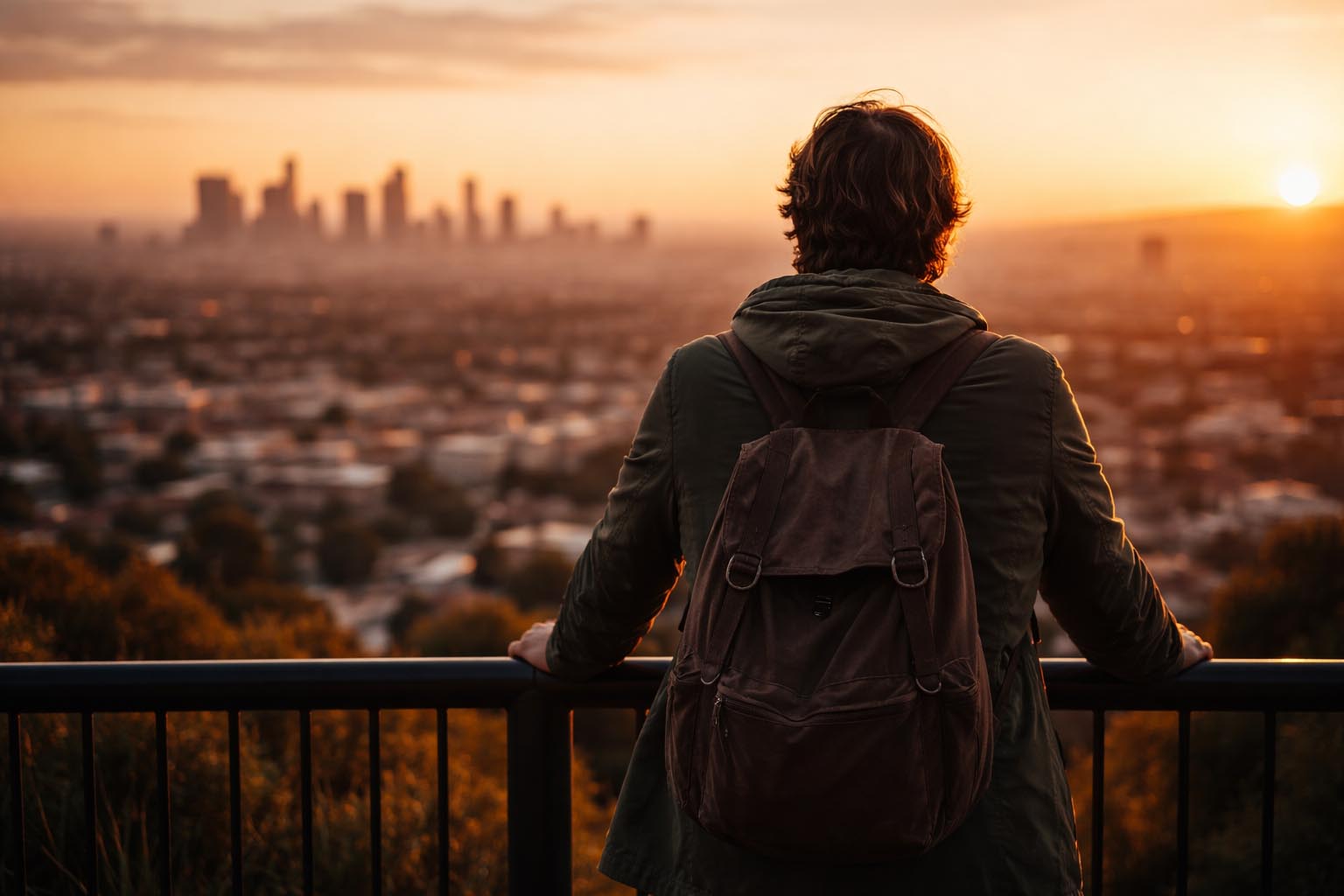 Person standing at a city overlook during sunset