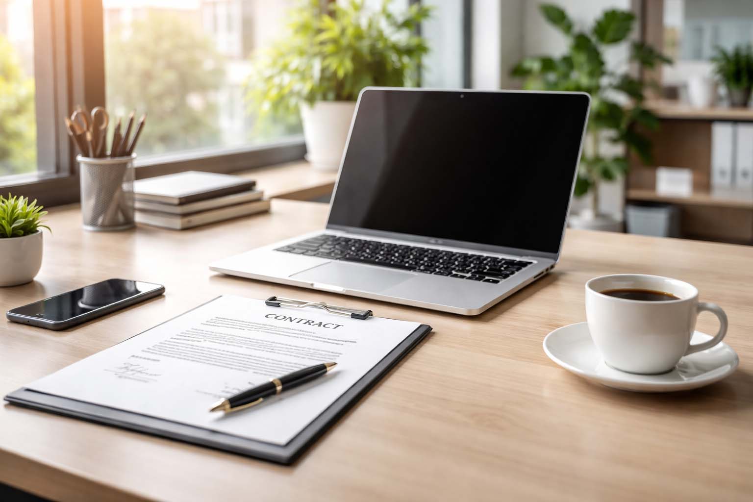Radni sto sa otvorenim laptopom, potpisanim ugovorom i šoljom kafe u svetloj kancelariji tokom dana.