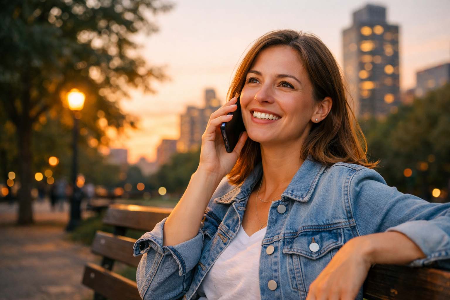 Žena sedi u gradskom parku predveče i sa olakšanjem se osmehuje dok razgovara telefonom.