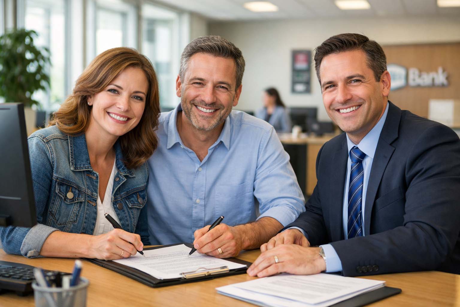 Bračni par sedi za stolom u banci i razgovara sa savetnikom dok potpisuju dokumenta.