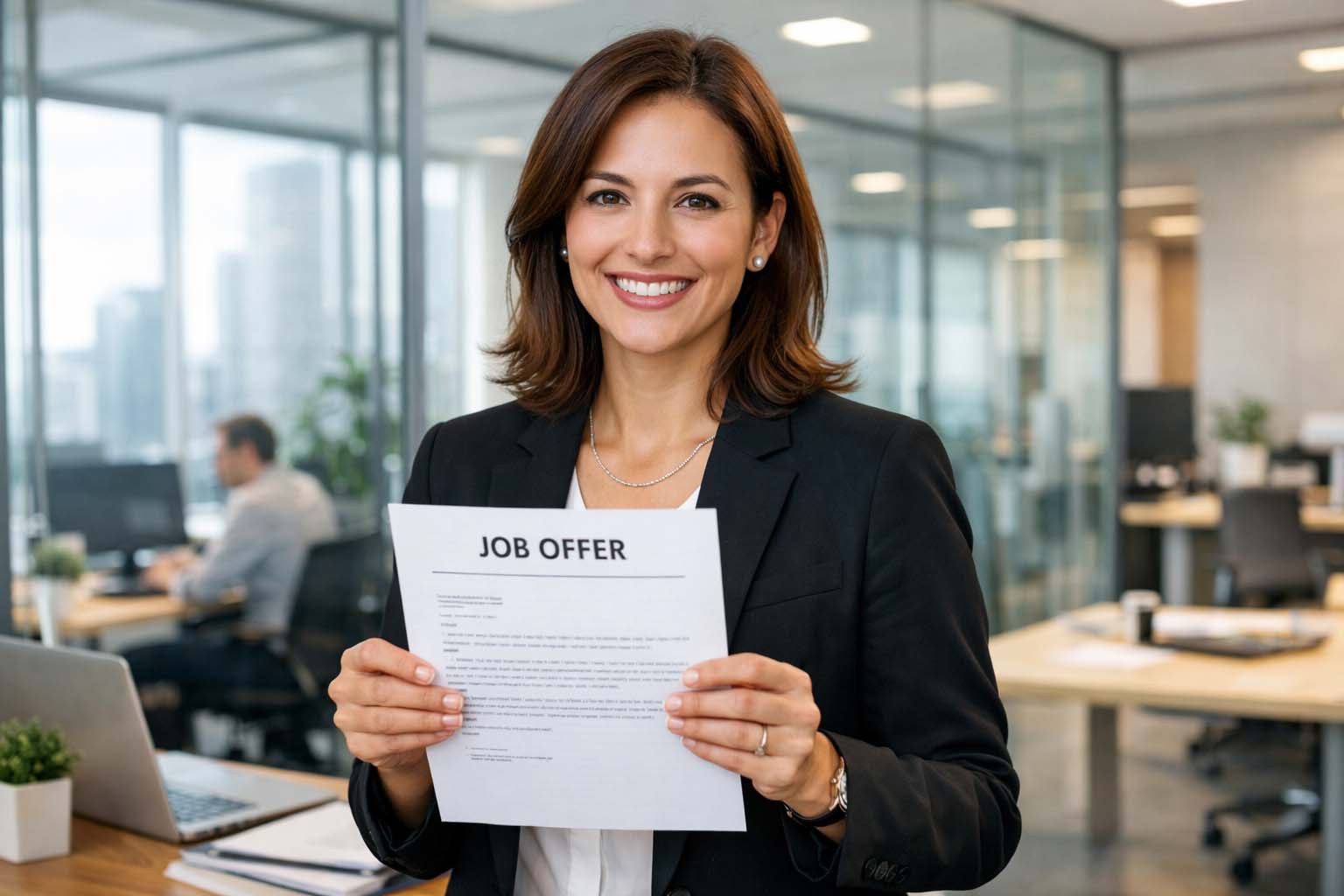 Žena u modernoj kancelariji drži dokument sa ponudom za posao i zadovoljno se osmehuje.