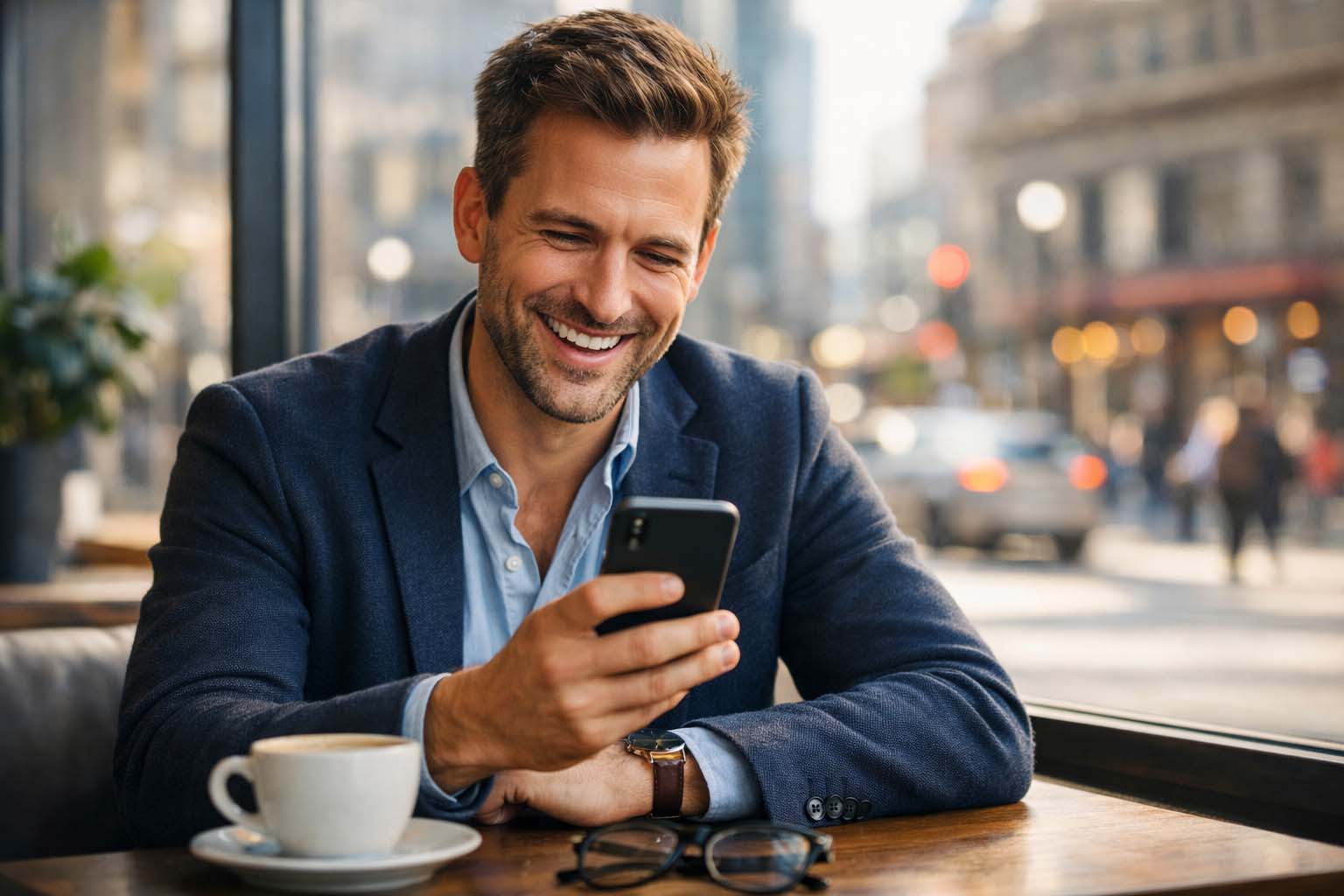 Muškarac sedi u modernom kafiću i sa osmehom gleda u telefon dok mu stiže dobra vest.