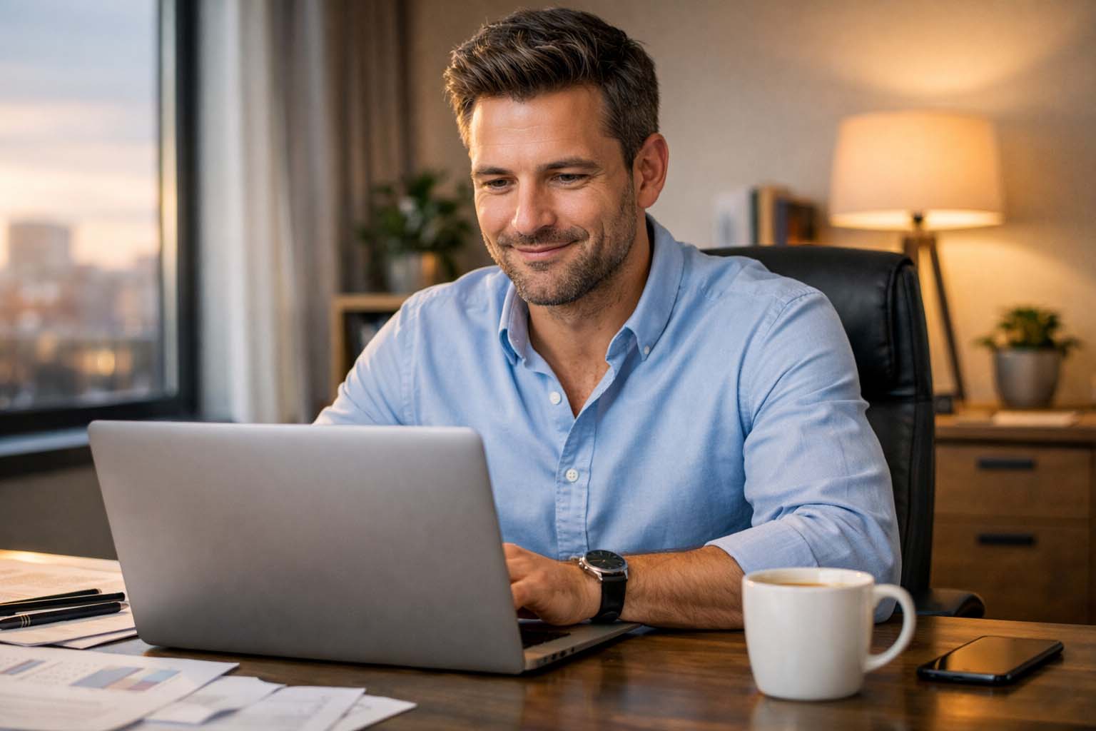 Muškarac sedi u kancelariji tokom popodneva i sa ozbiljnim, ali zadovoljnim izrazom lica gleda u laptop.