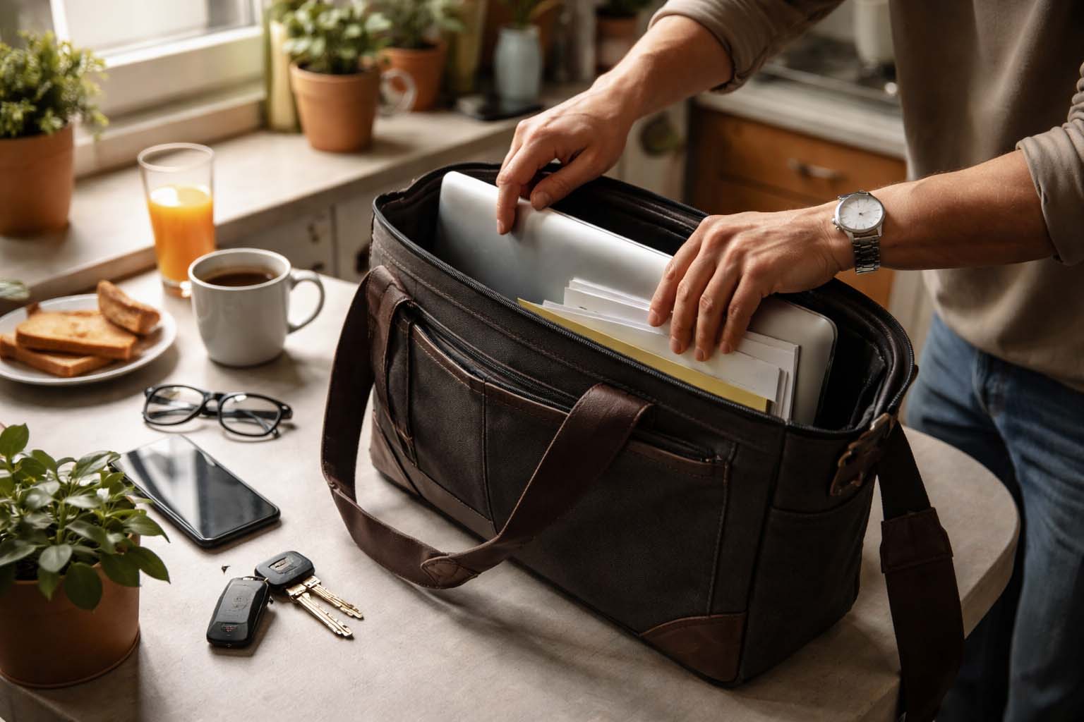 Samo ruke osobe koja ujutru pakuje dokumenta i laptop u torbu na kuhinjskom stolu.