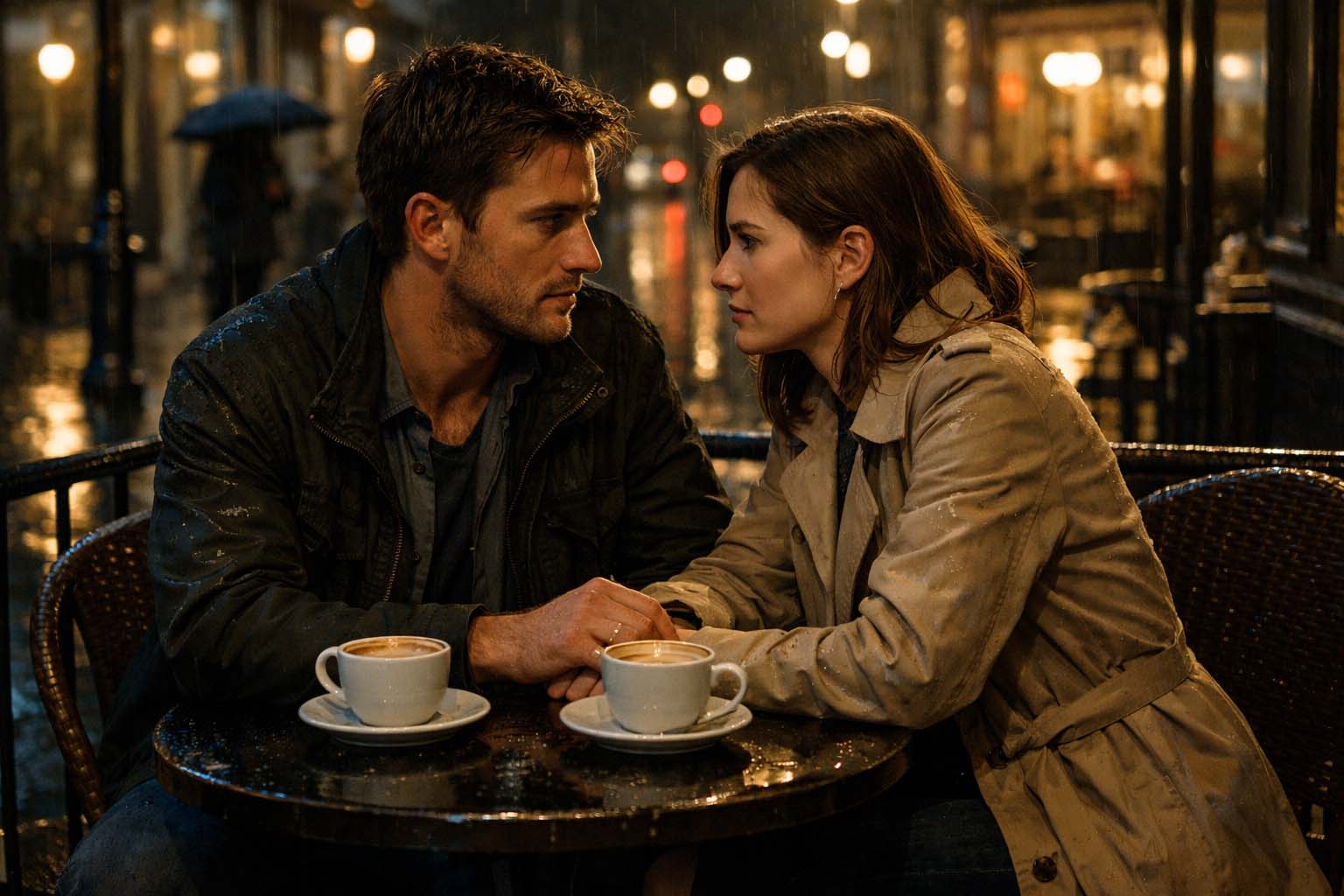 Par sedi za stolom na terasi kafića tokom kišne večeri i razgovara ozbiljnim tonom.