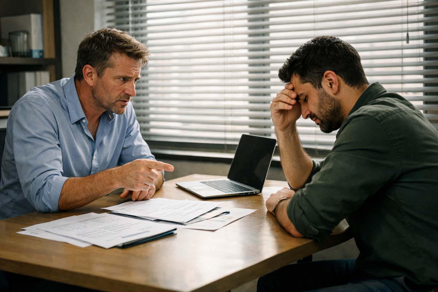 Dvojica muškaraca sede za stolom u maloj kancelariji tokom popodneva i vode napet razgovor.