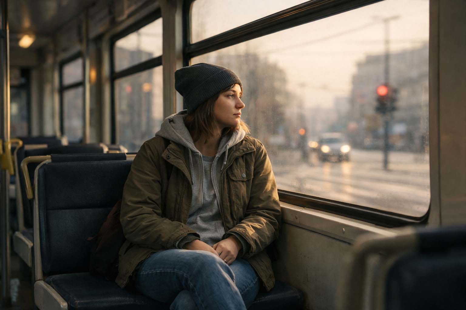 Osoba sedi u tramvaju rano ujutru i zamišljeno gleda kroz prozor dok drži torbu u krilu.