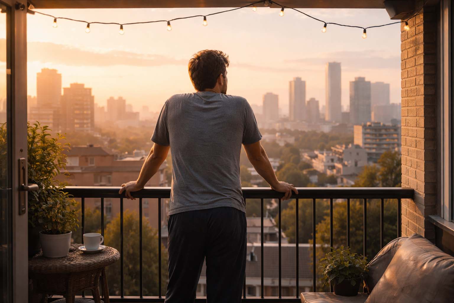Muškarac stoji na terasi stana u rano jutro i oslanja se na ogradu dok gleda u daljinu.