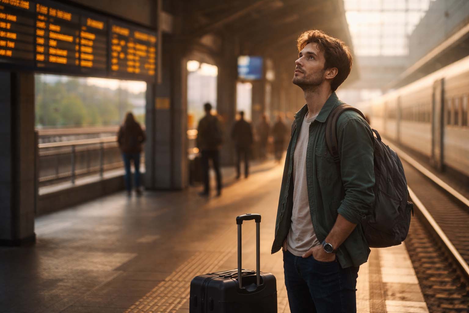 Mladić stoji na železničkoj stanici u ranim jutarnjim satima sa koferom pored sebe i gleda u tablu sa polascima.