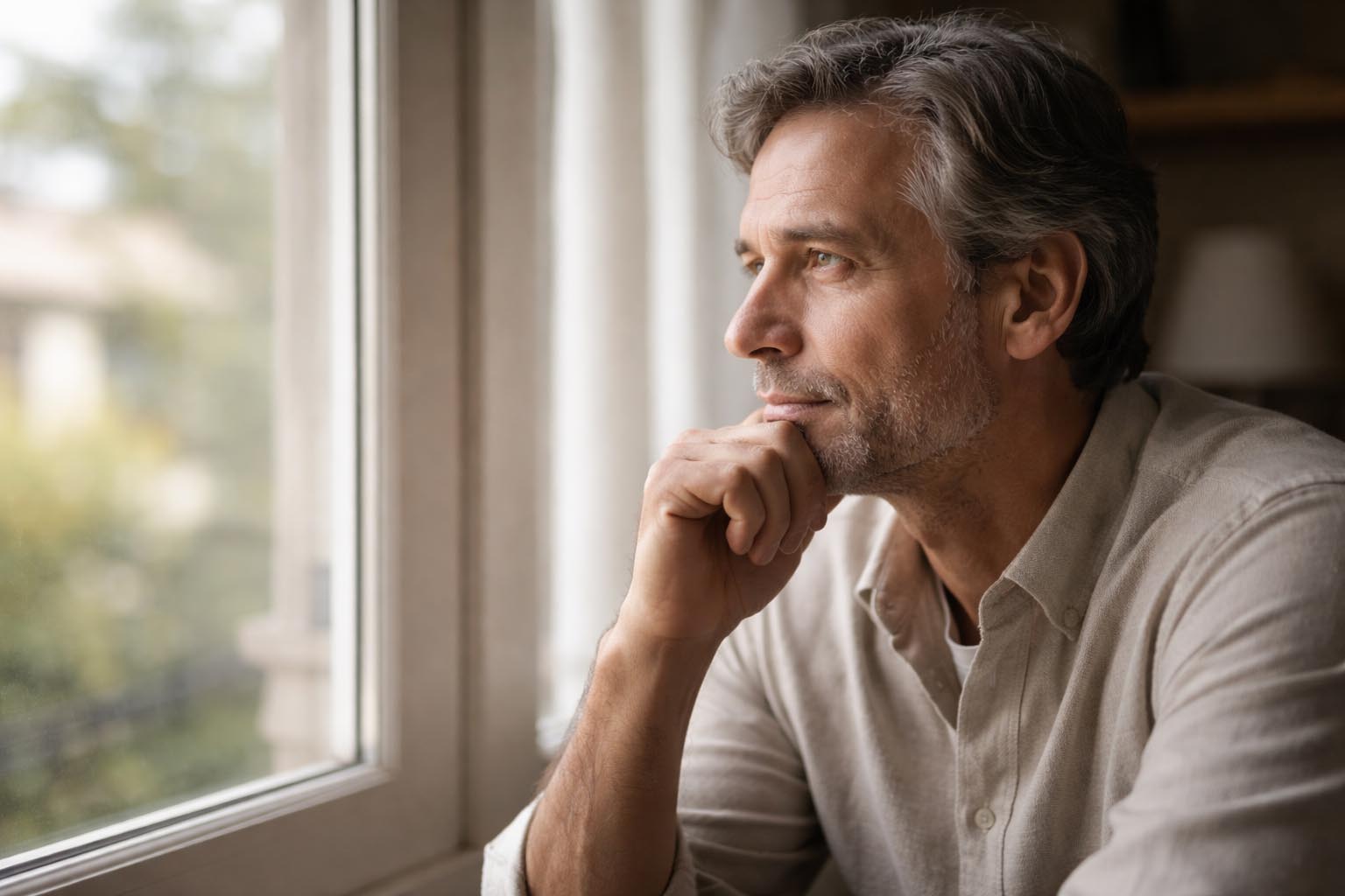 Person thoughtfully looking through a window