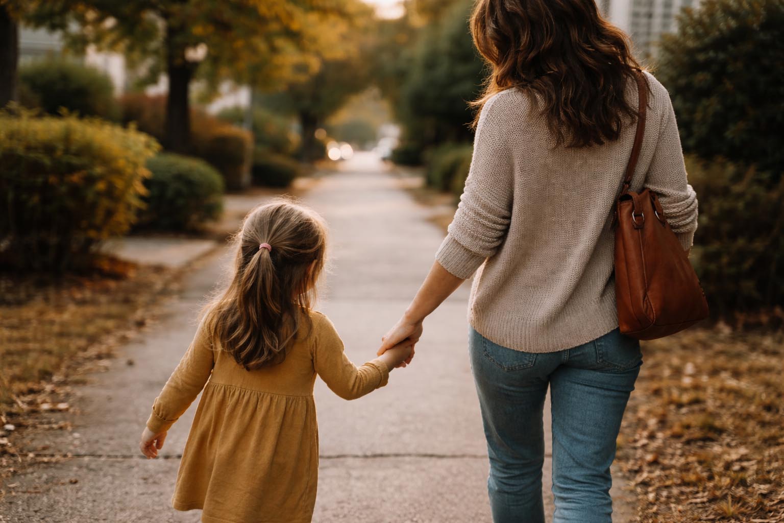 Mother holding child's hand while walking outdoors