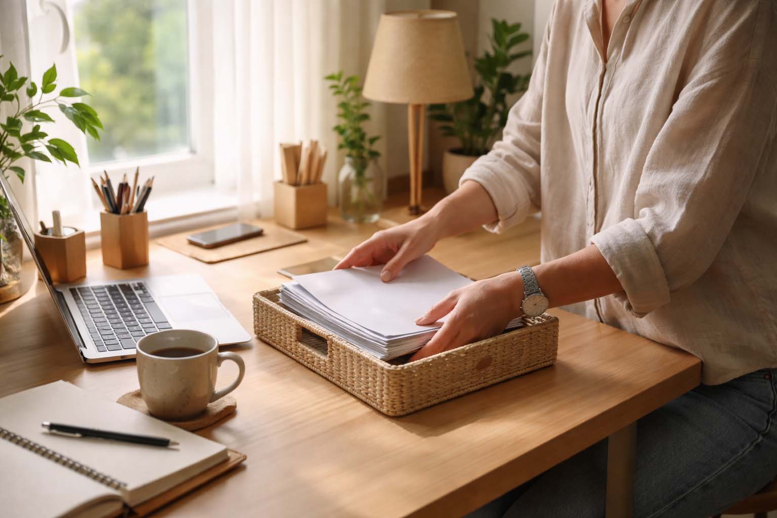 Person calmly organizing a workspace at home