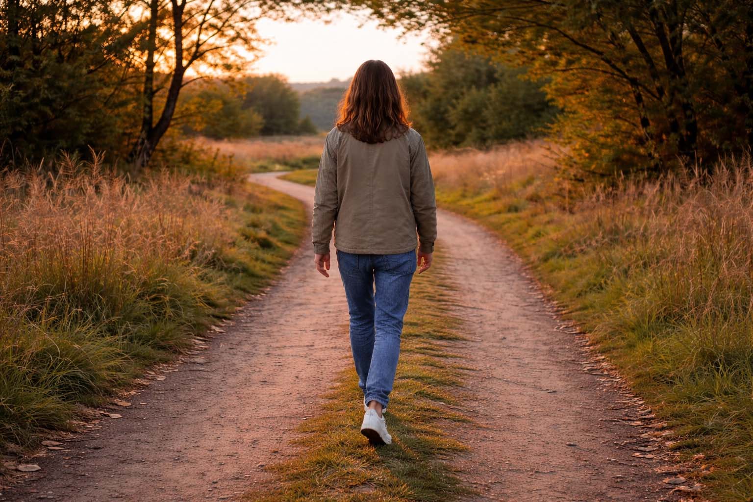 Person walking calmly on a quiet path at sunset