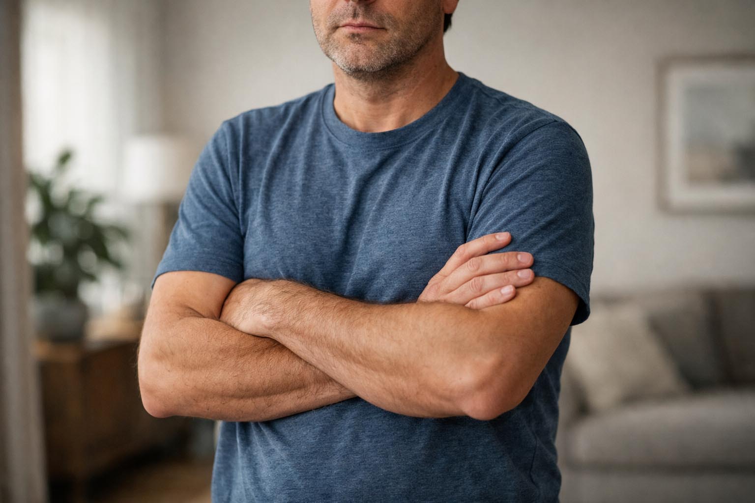 Person standing firm with crossed arms indoors