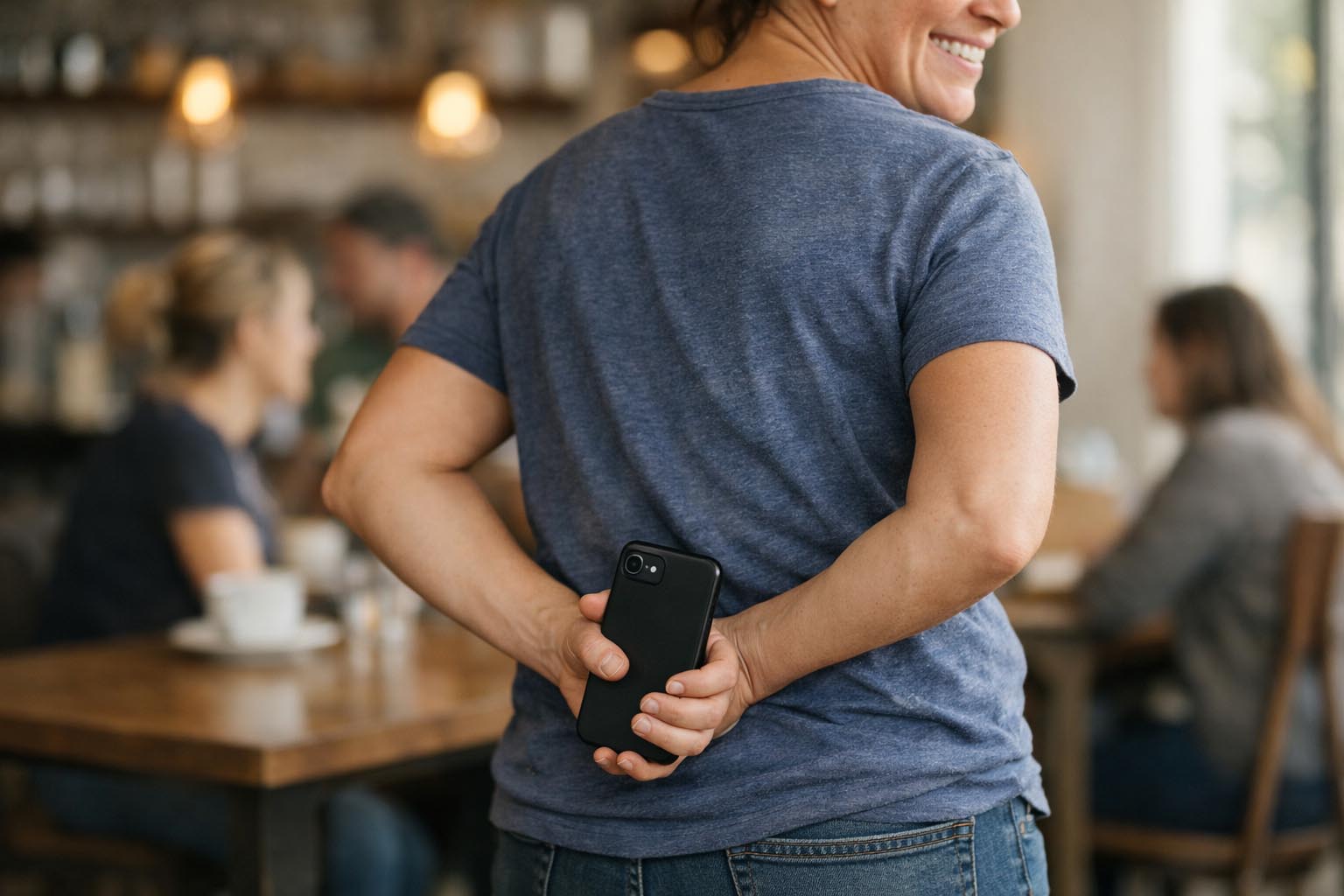 Person smiling while holding a phone behind their back