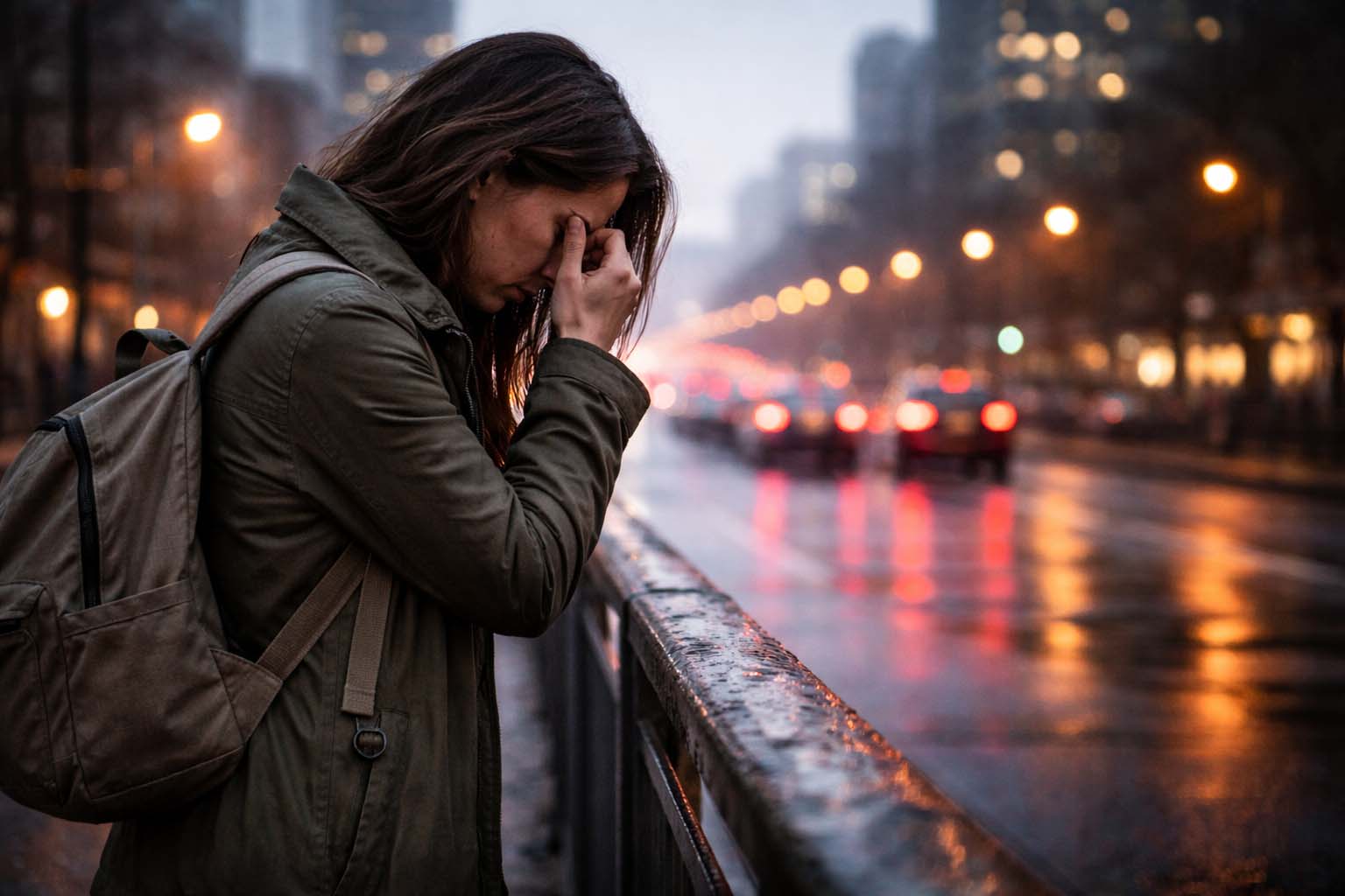 Person looking worried while standing alone in the city