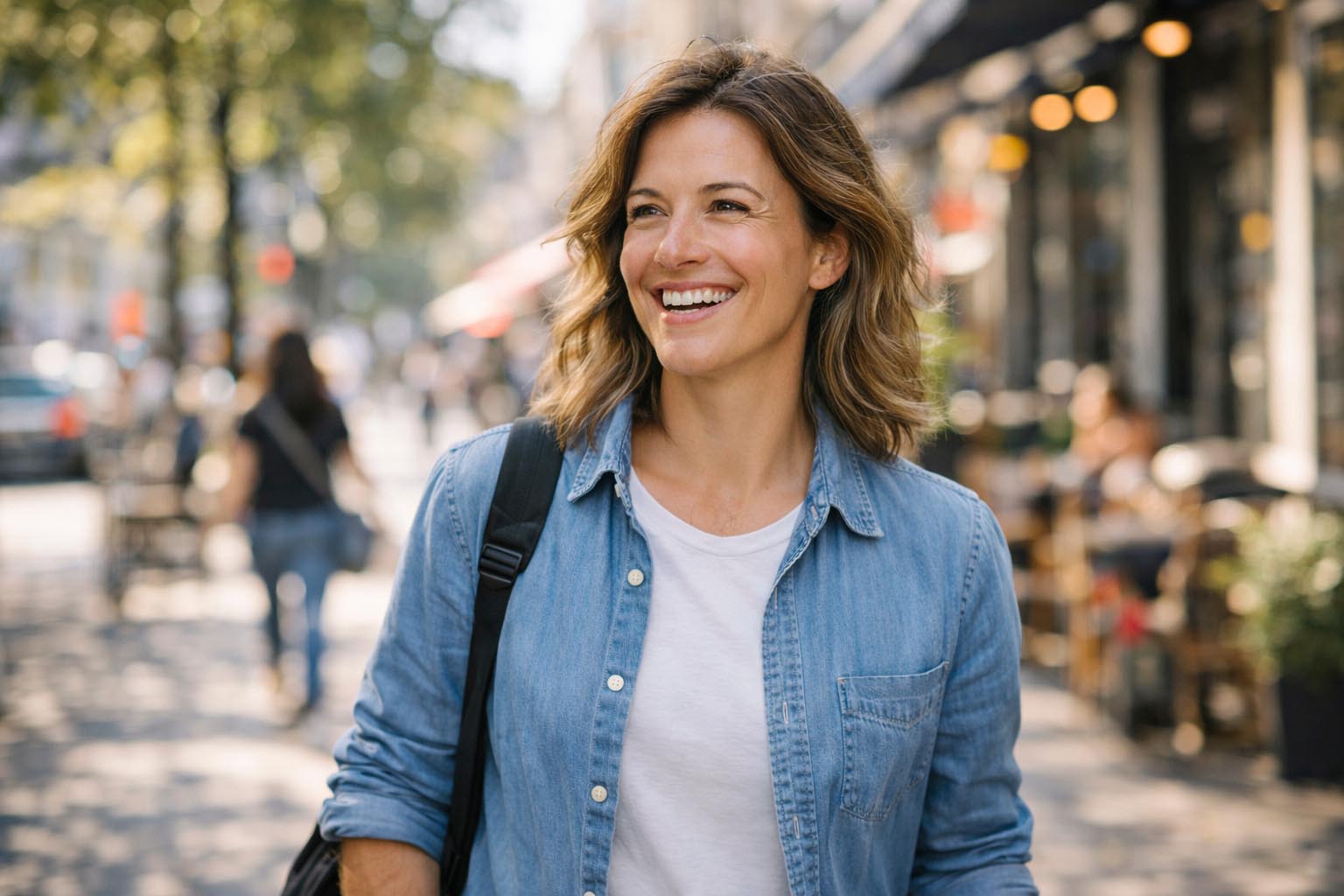 Person smiling while walking down a sunlit street