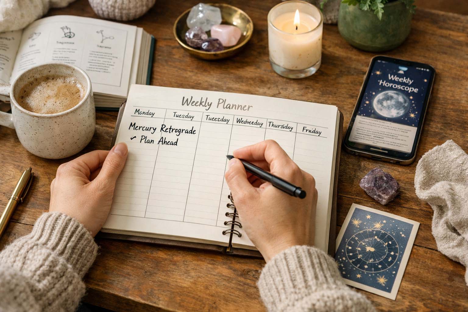 Person planning week with notebook and coffee