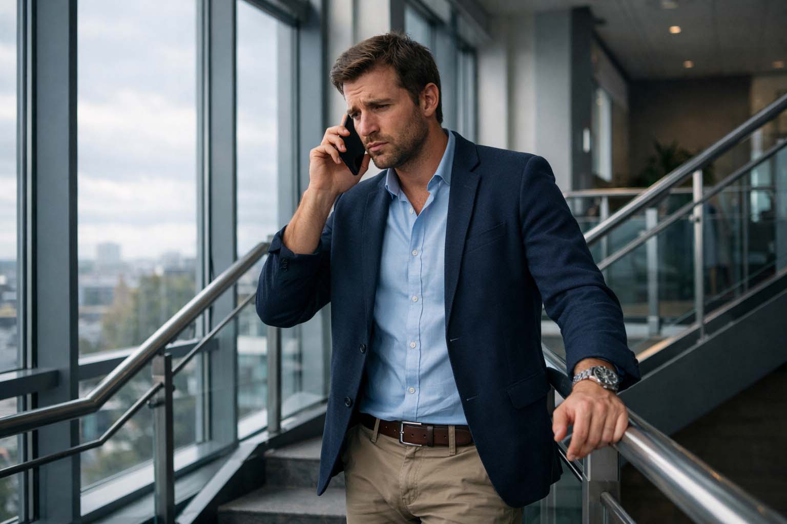 Muškarac stoji sam na stepeništu poslovne zgrade i razgovara telefonom sa ozbiljnim izrazom lica.