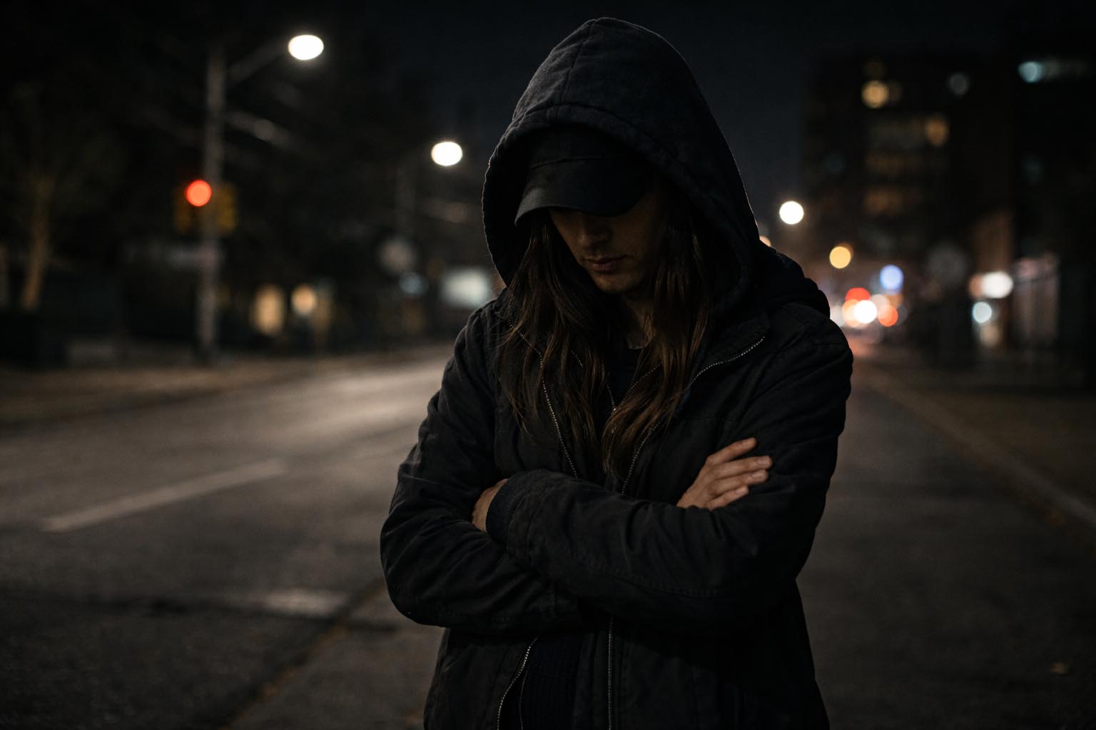 Person standing alone at night with arms crossed