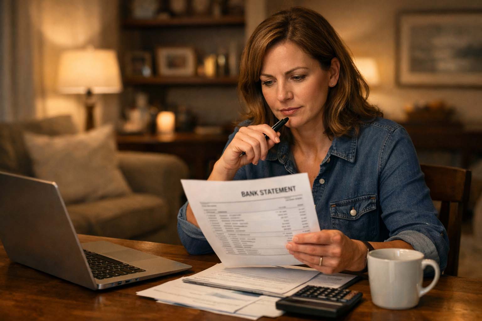 Žena sedi za stolom u dnevnoj sobi u večernjim satima i pažljivo pregleda bankovni izvod.