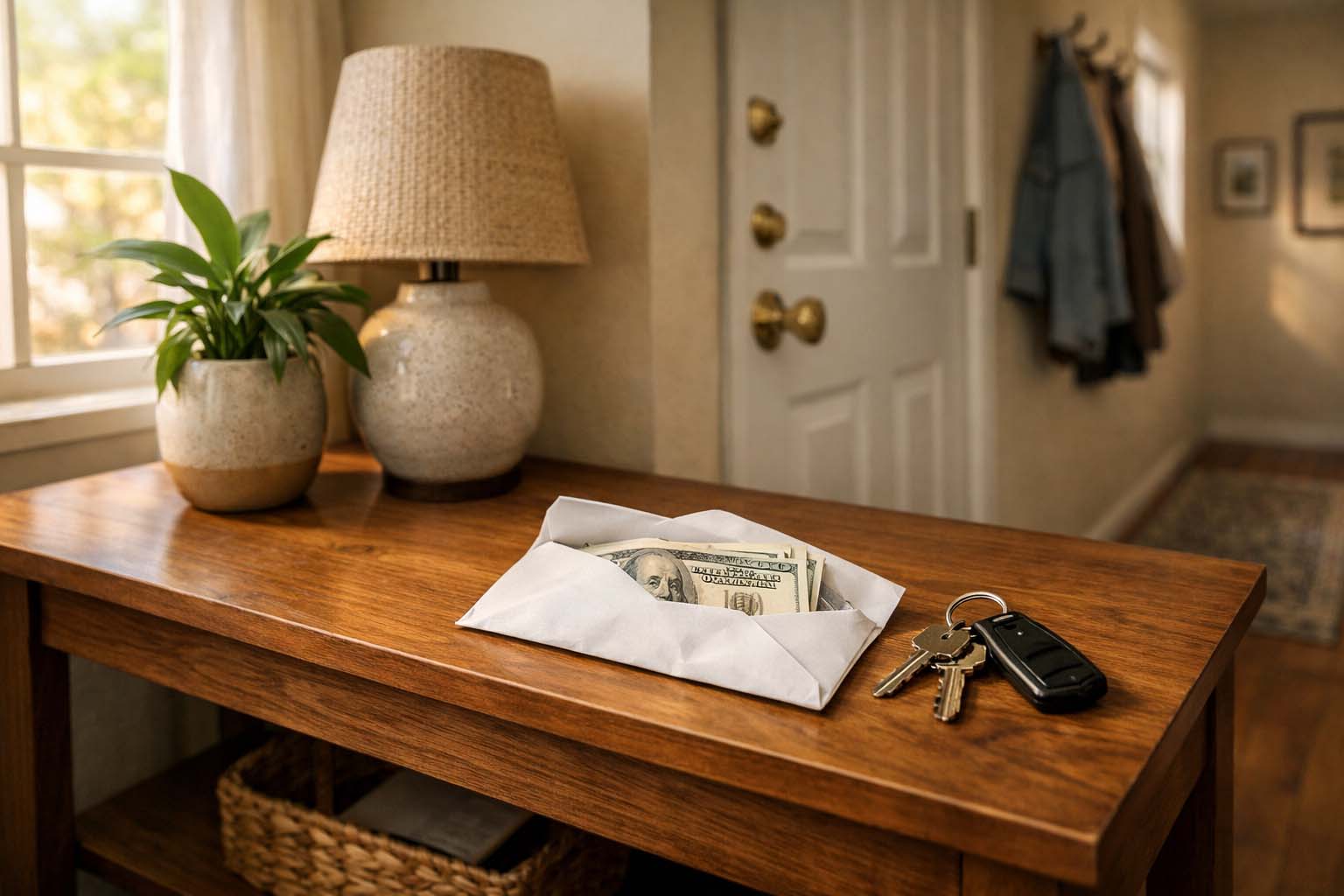 Prazan hodnik stana sa stolom na kojem stoji otvorena koverta sa novcem i ključevima.