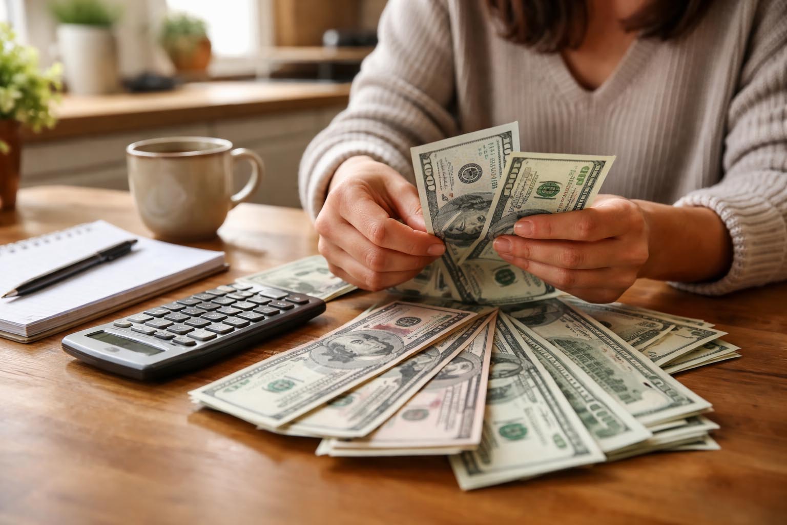 Hands counting cash on a kitchen table