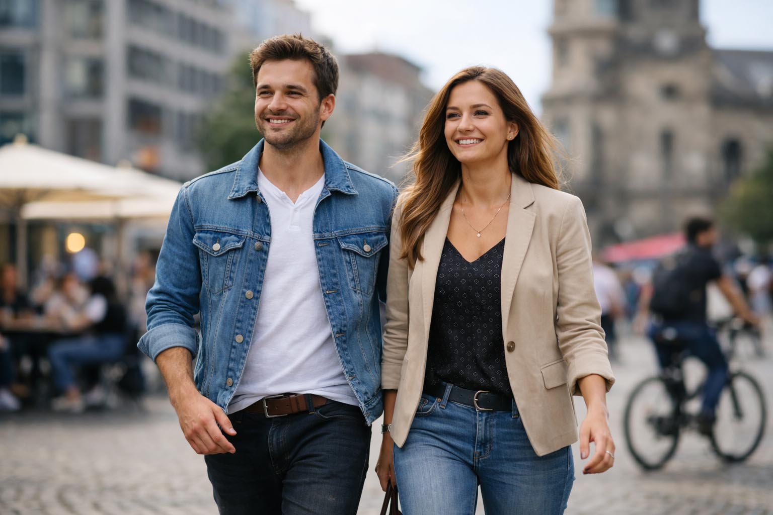Couple walking confidently through a city square