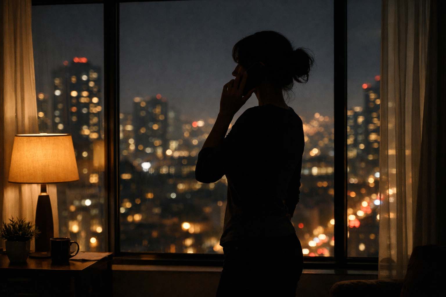Silueta žene stoji pored prozora u večernjim satima i razgovara telefonom odlučnim tonom.