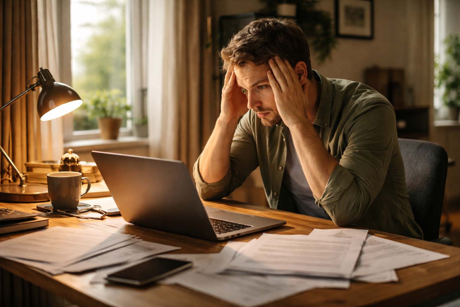 Osoba sedi sama za radnim stolom u popodnevnim satima i drži glavu u rukama dok gleda u laptop.