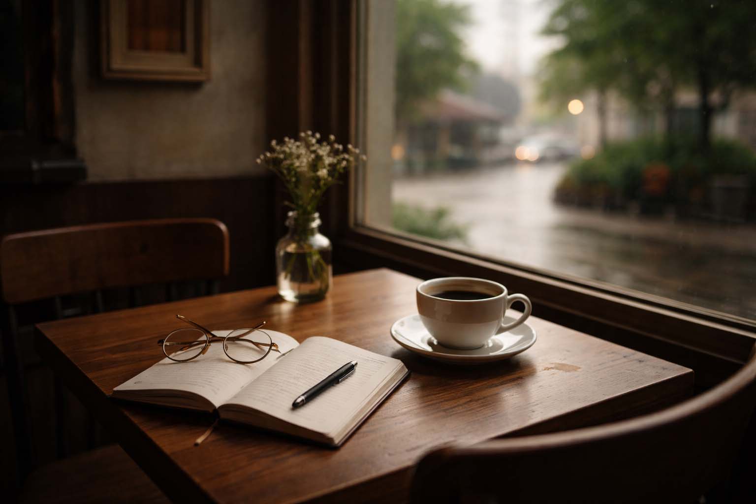 Prazan sto u kafiću tokom oblačnog popodneva, sa šoljicom kafe i otvorenom sveskom.