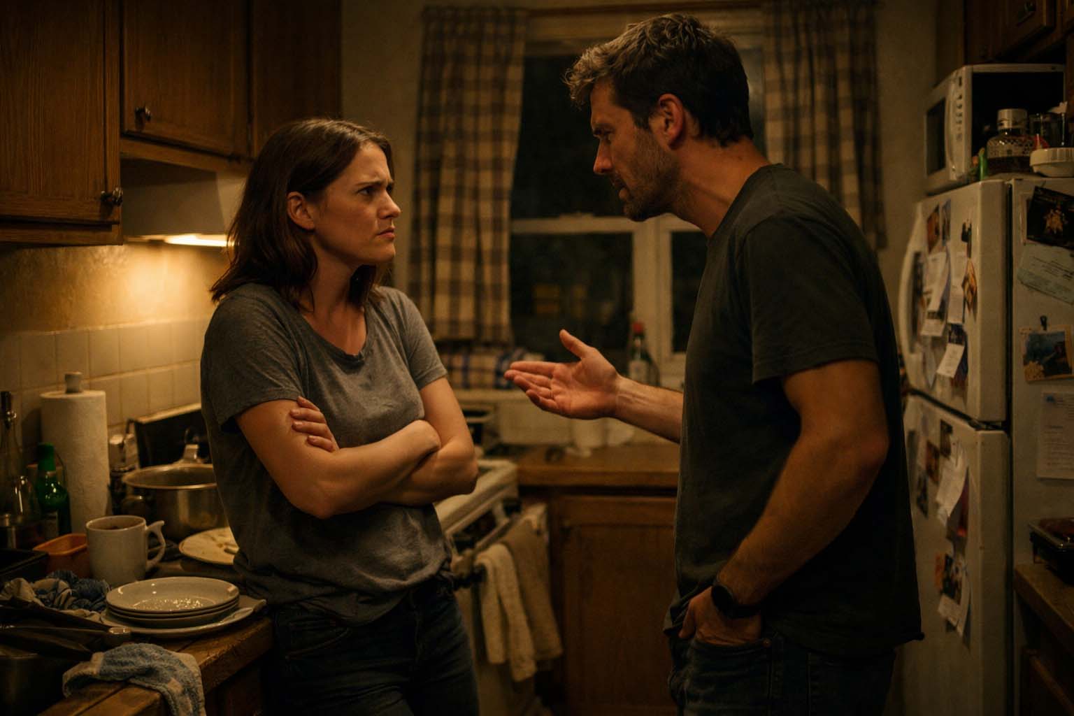 Muškarac i žena stoje u kuhinji u večernjim satima, napeta atmosfera tokom razgovora.