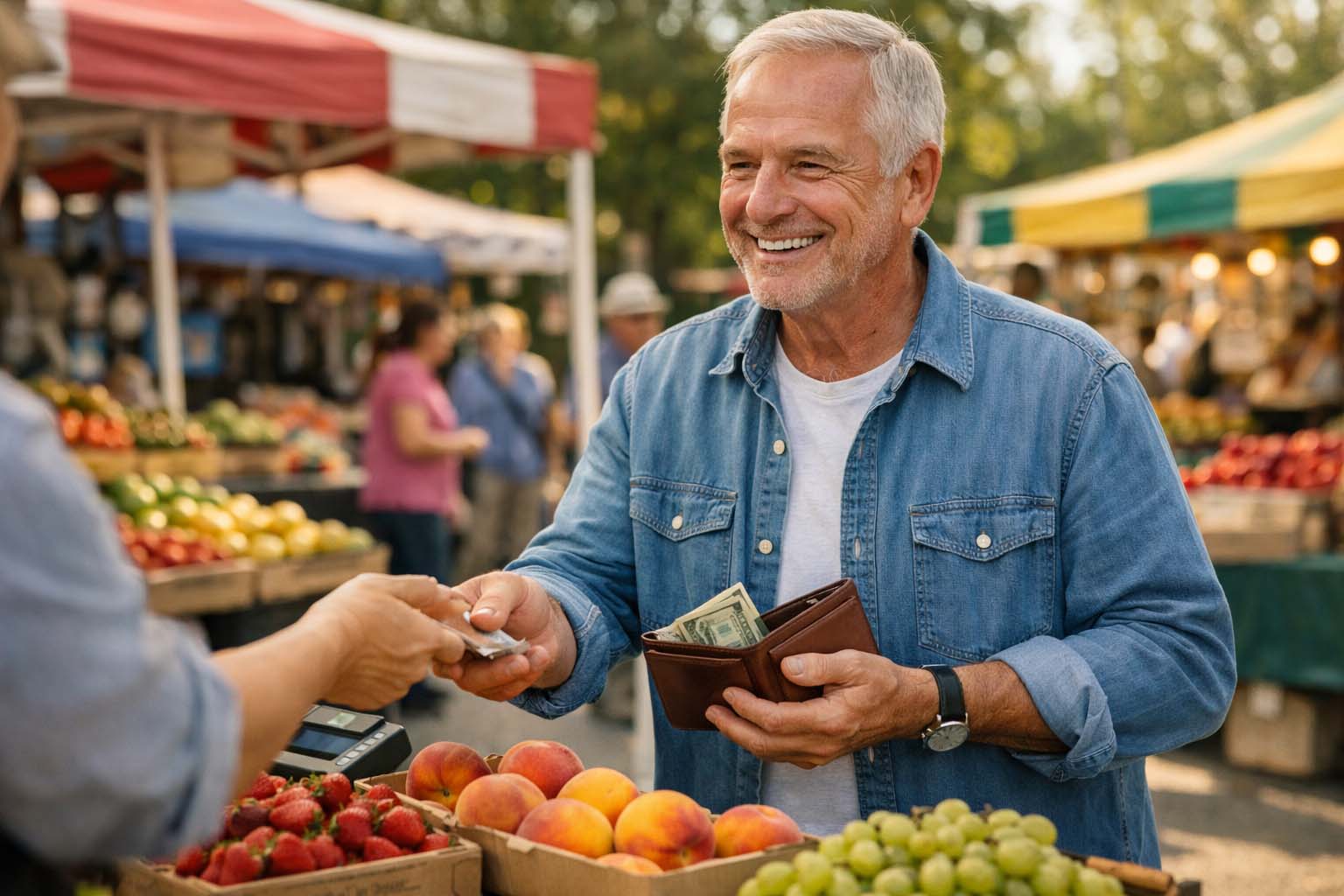 Stariji muškarac plaća voće na otvorenoj pijaci tokom sunčanog popodneva i proverava novčanik sa olakšanjem.