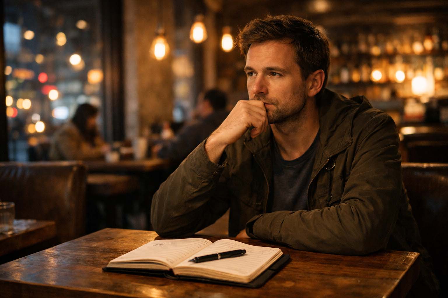 Muškarac sedi sam u večernjim satima u polupraznom kafiću i zamišljeno gleda u rokovnik na stolu.