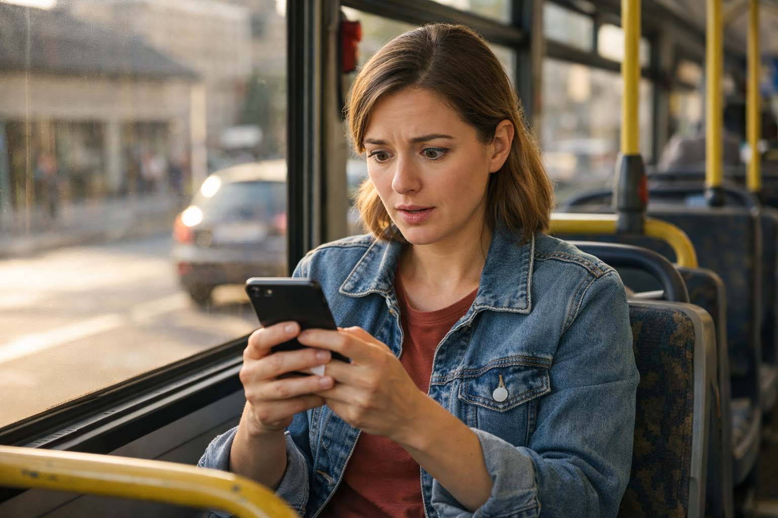 Osoba sedi sama u gradskom autobusu tokom popodneva i čita poruku na telefonu sa iznenađenim izrazom lica.