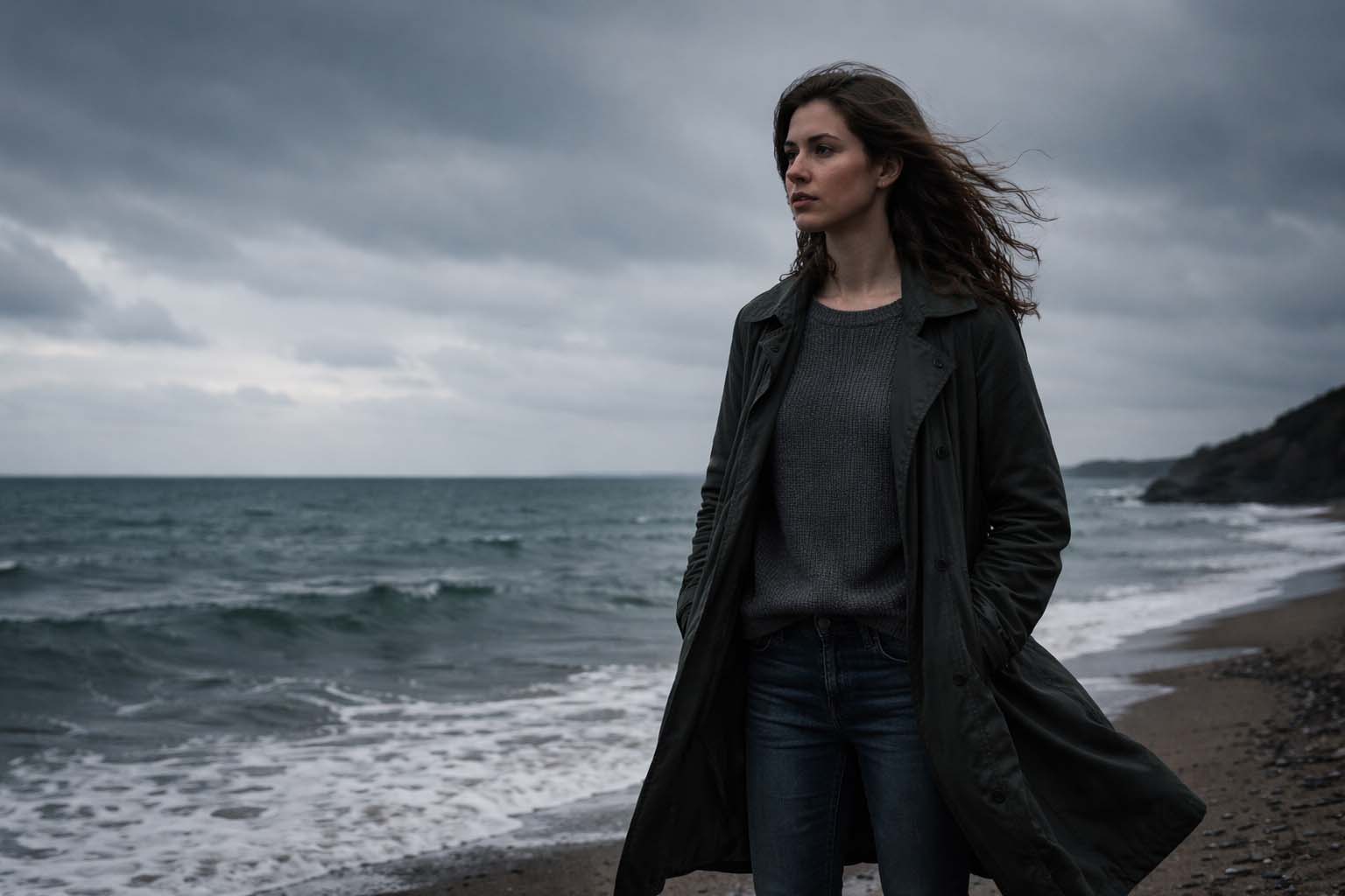 Osoba stoji sama na vetrovitoj obali mora tokom oblačnog dana i gleda pravo ispred sebe odlučnim izrazom.