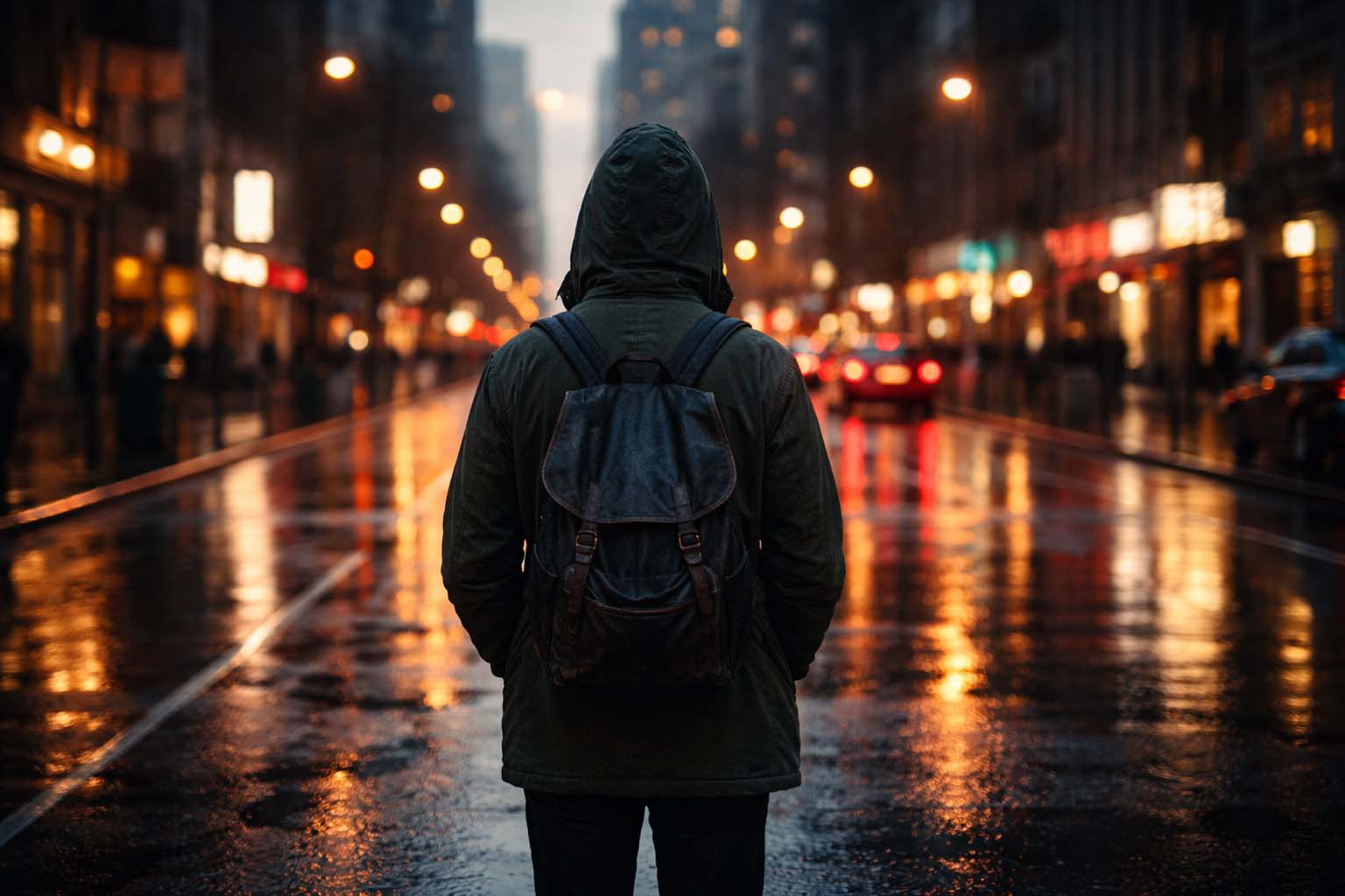 Person standing alone in the city after rain