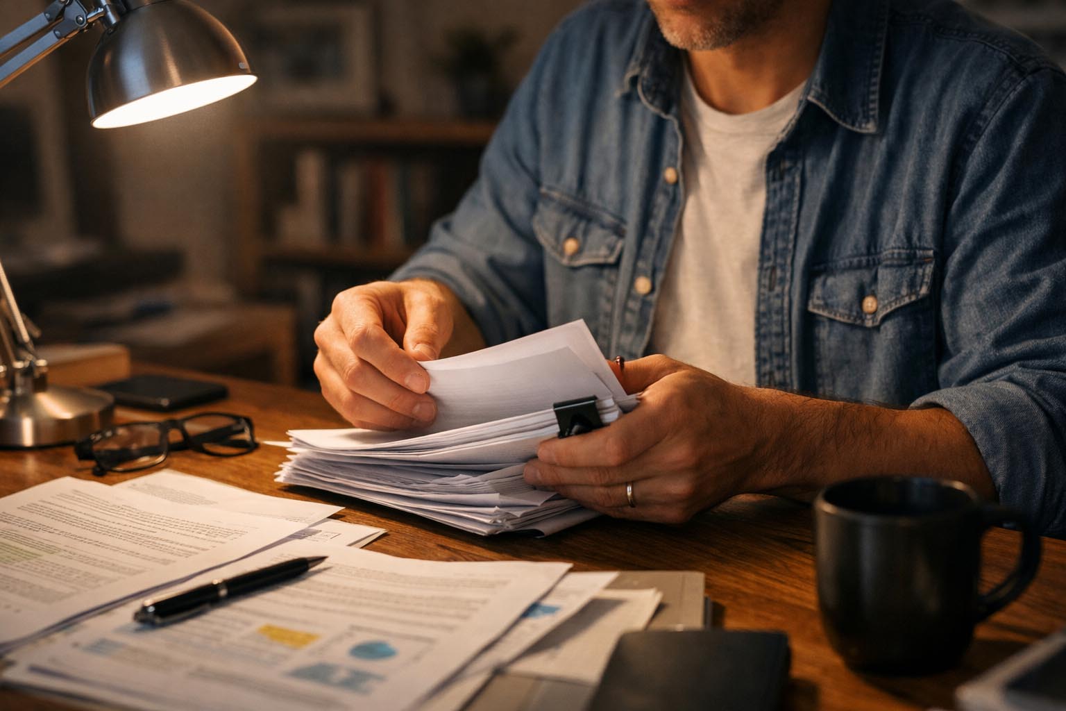 Person organizing papers at a desk late in the evening
