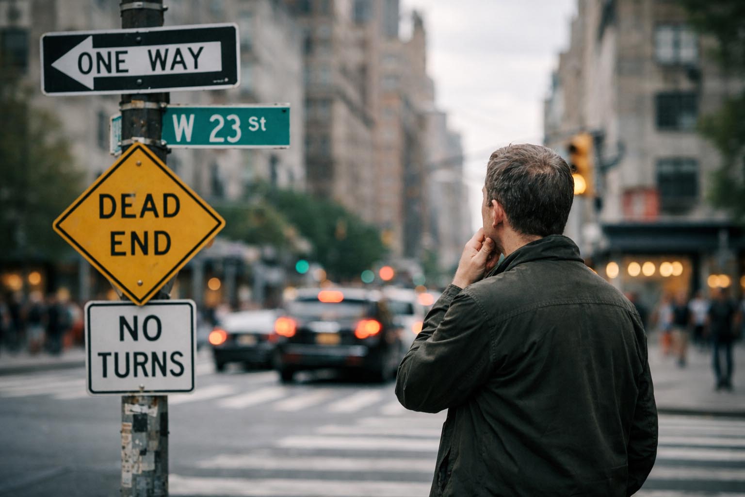 Person standing at a crossroads sign in an urban setting