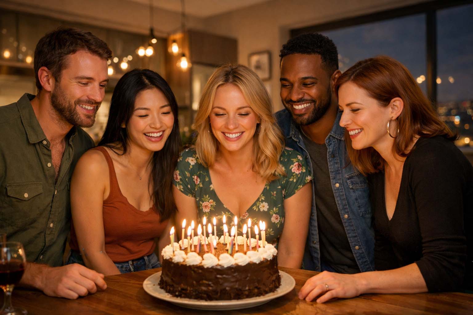 Grupa prijatelja stoji oko stola sa tortom i svećicama u stanu tokom večernje proslave, lica su jasno vidljiva.