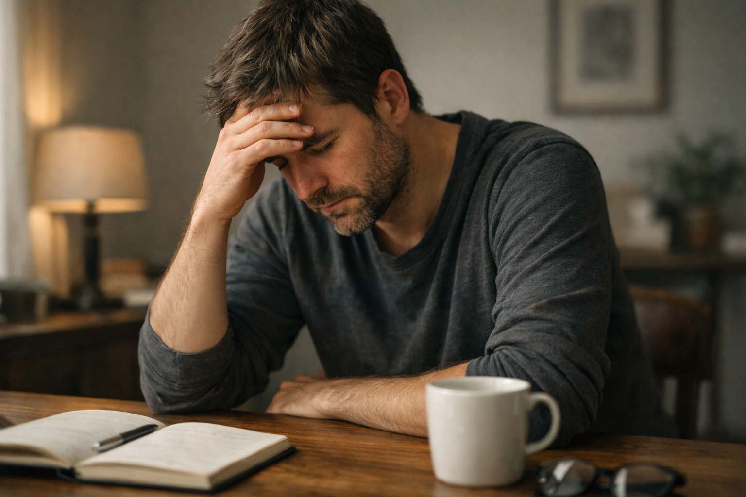 Person sitting alone at a desk looking thoughtful