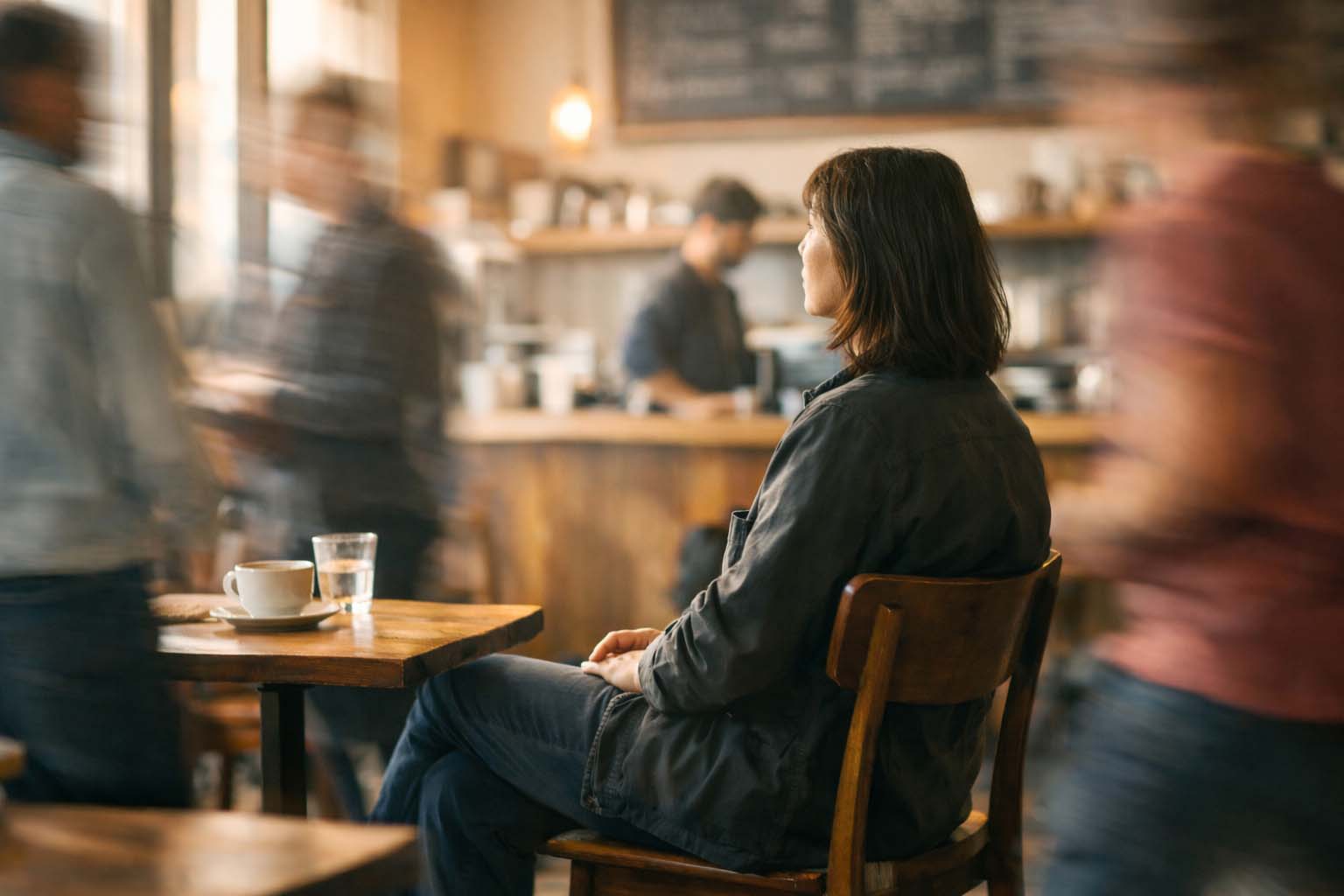Person calmly sitting in a busy café