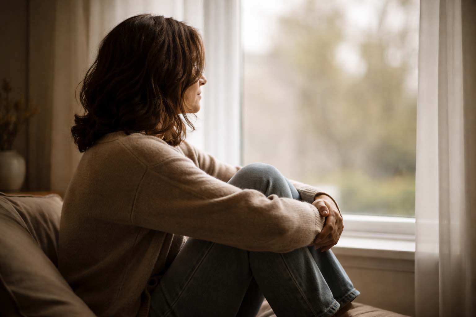 Person quietly listening to their thoughts near a window