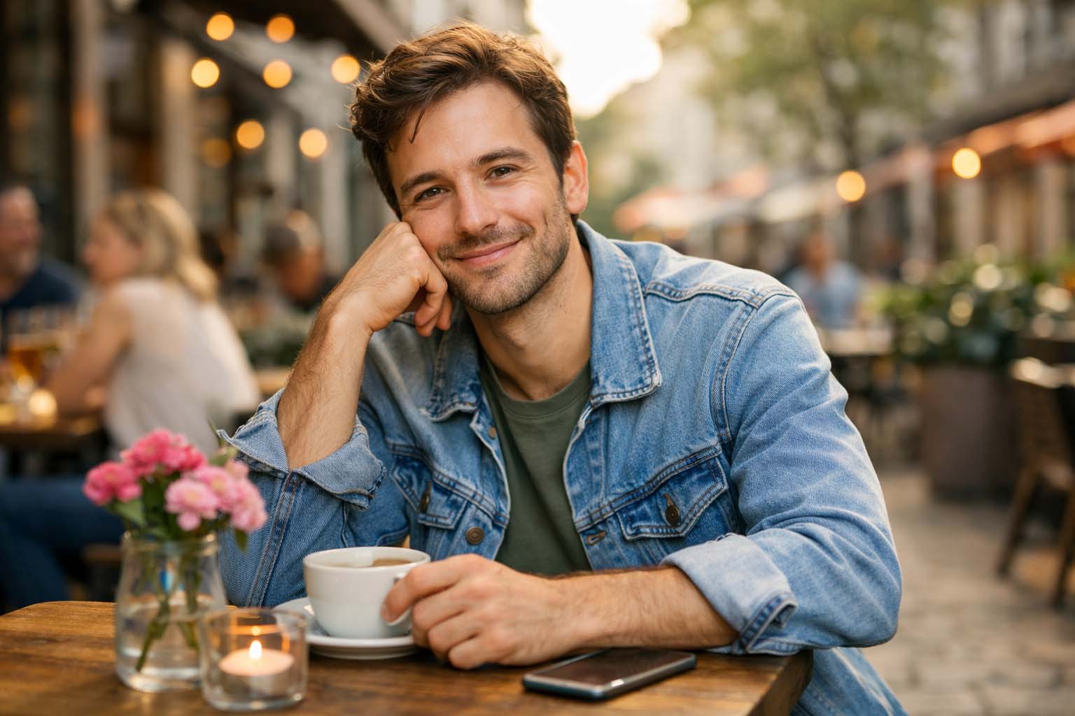 Man smiling with visible face during a daytime coffee meeting