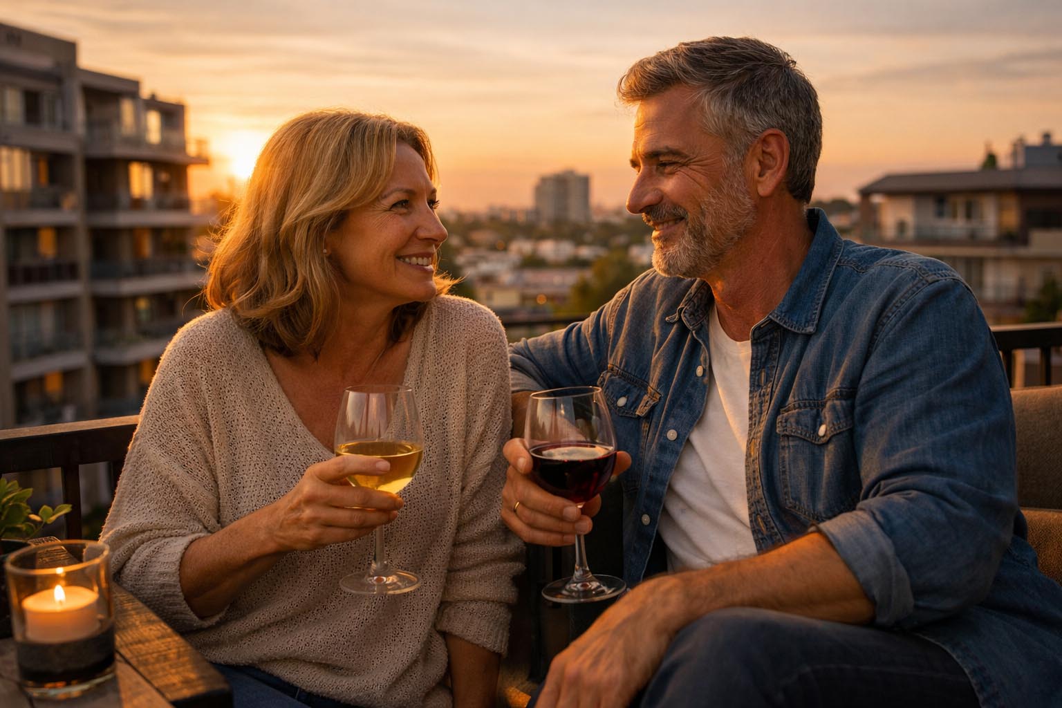 Mature couple enjoying wine on a balcony at sunset