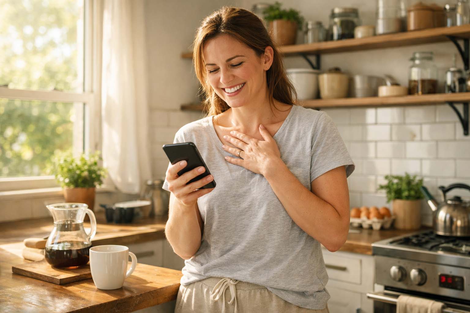 Žena stoji u kuhinji u jutarnjem svetlu i smeši se dok čita poruku na telefonu.