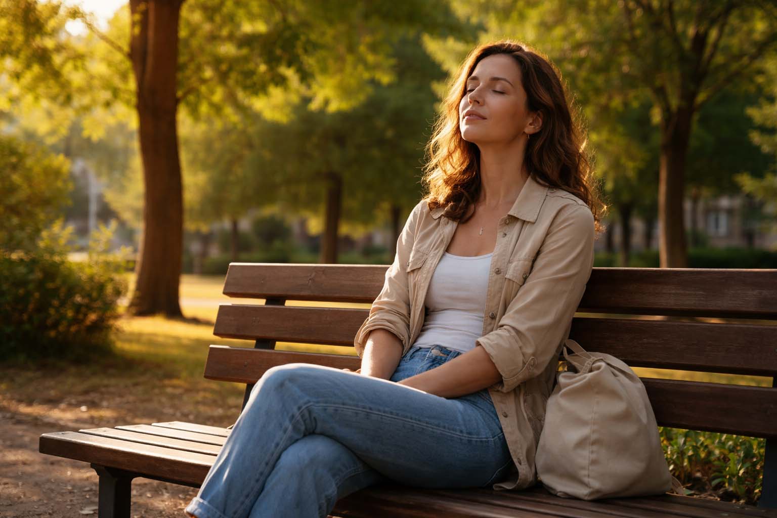 Žena sedi sama na klupi u parku tokom sunčanog popodneva i zatvorenih očiju duboko diše.