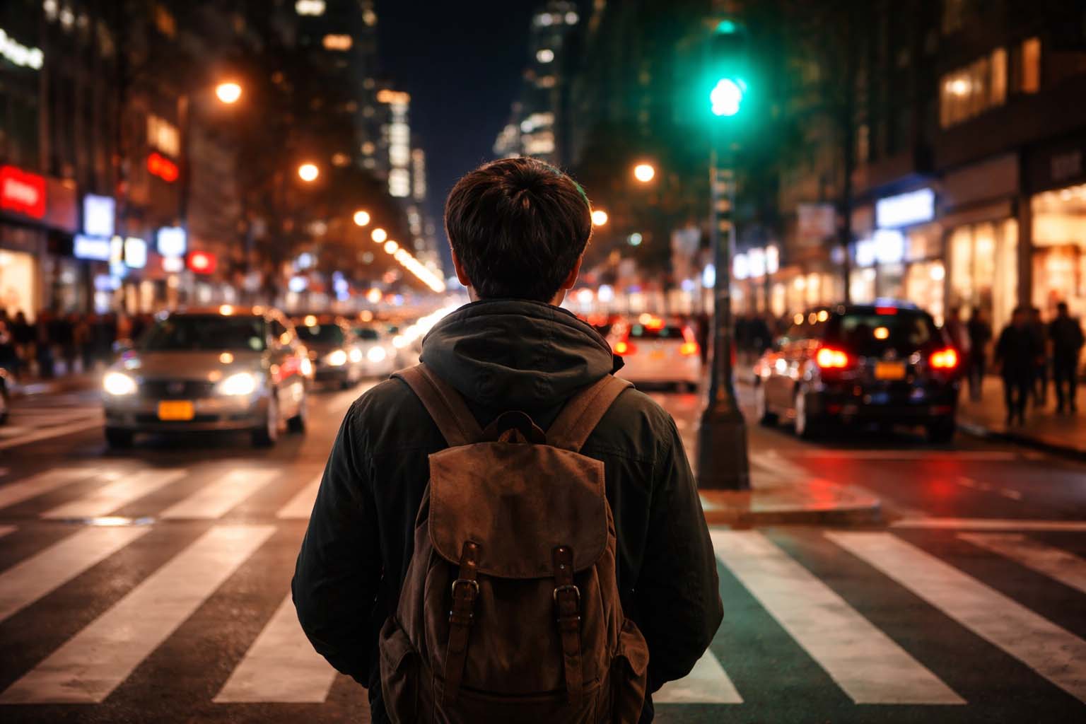 Osoba sa leđa stoji na pešačkom prelazu uveče dok se semafor menja sa crvenog na zeleno.