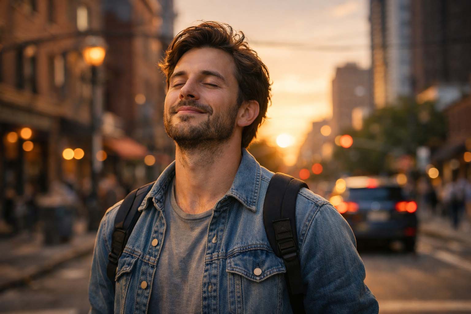Man with visible face looking relieved in evening city light